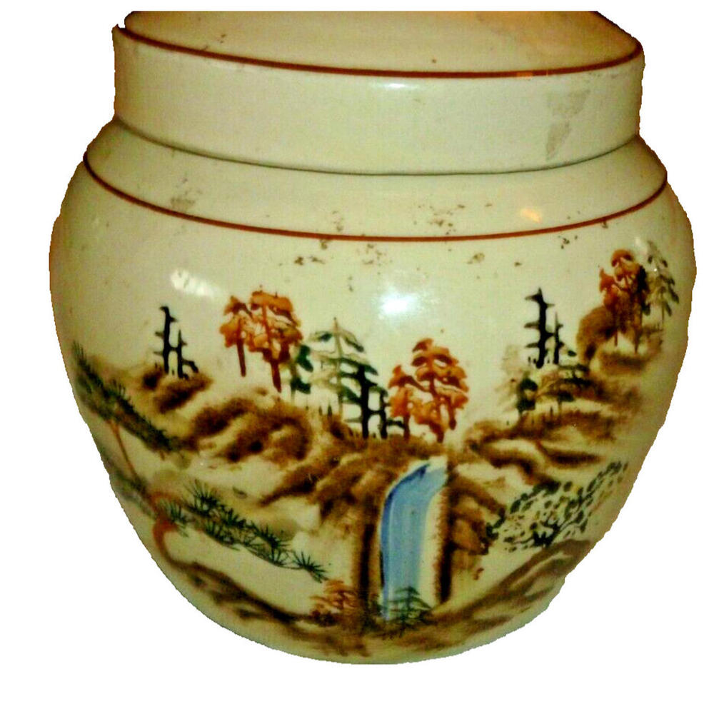 Vintage Hand‎ Painted 6 x7" Waterfall Asian Chinese Signed Ginger Jar